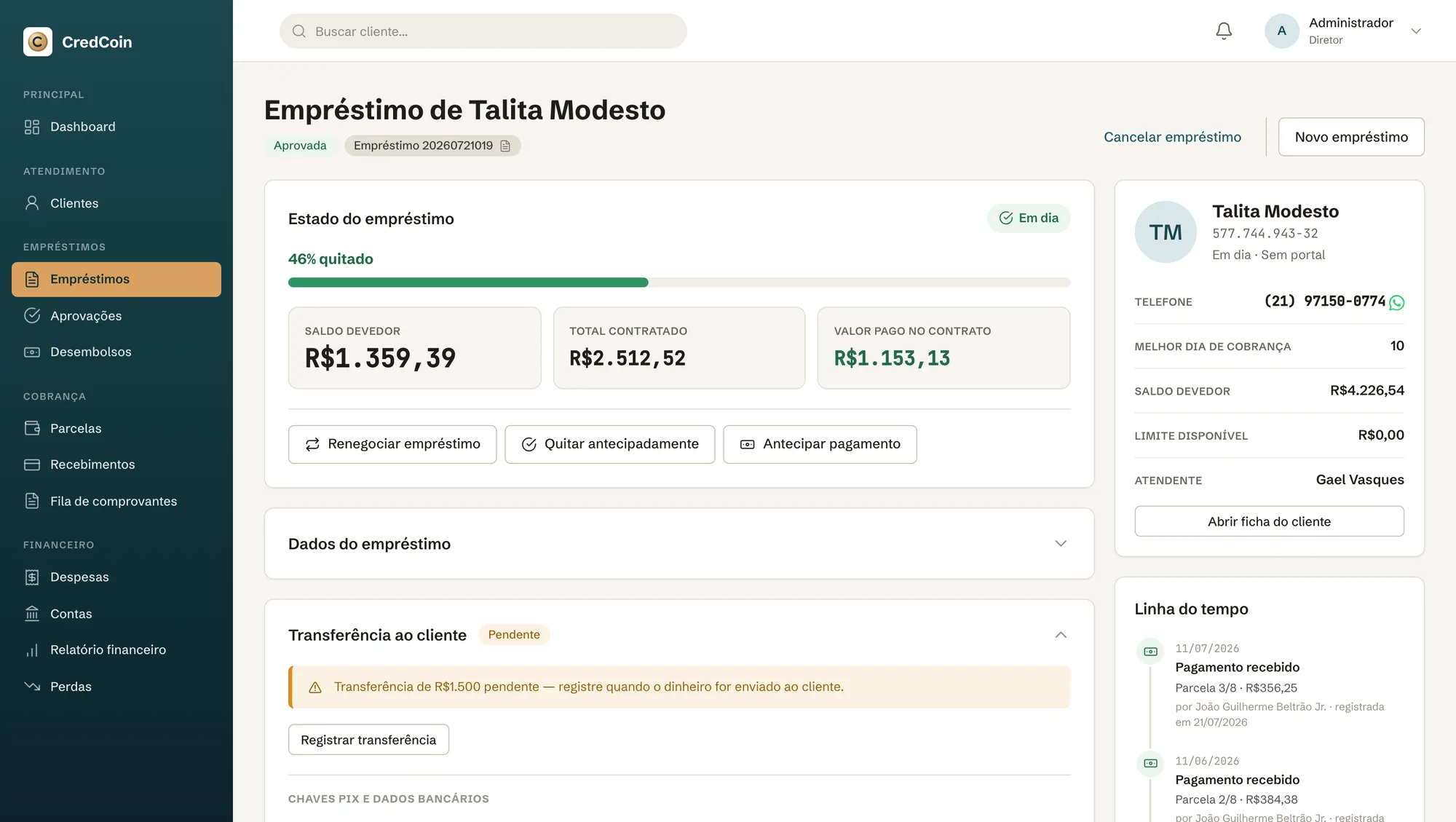 Detalhe do empréstimo com progresso, parcelas e contrato