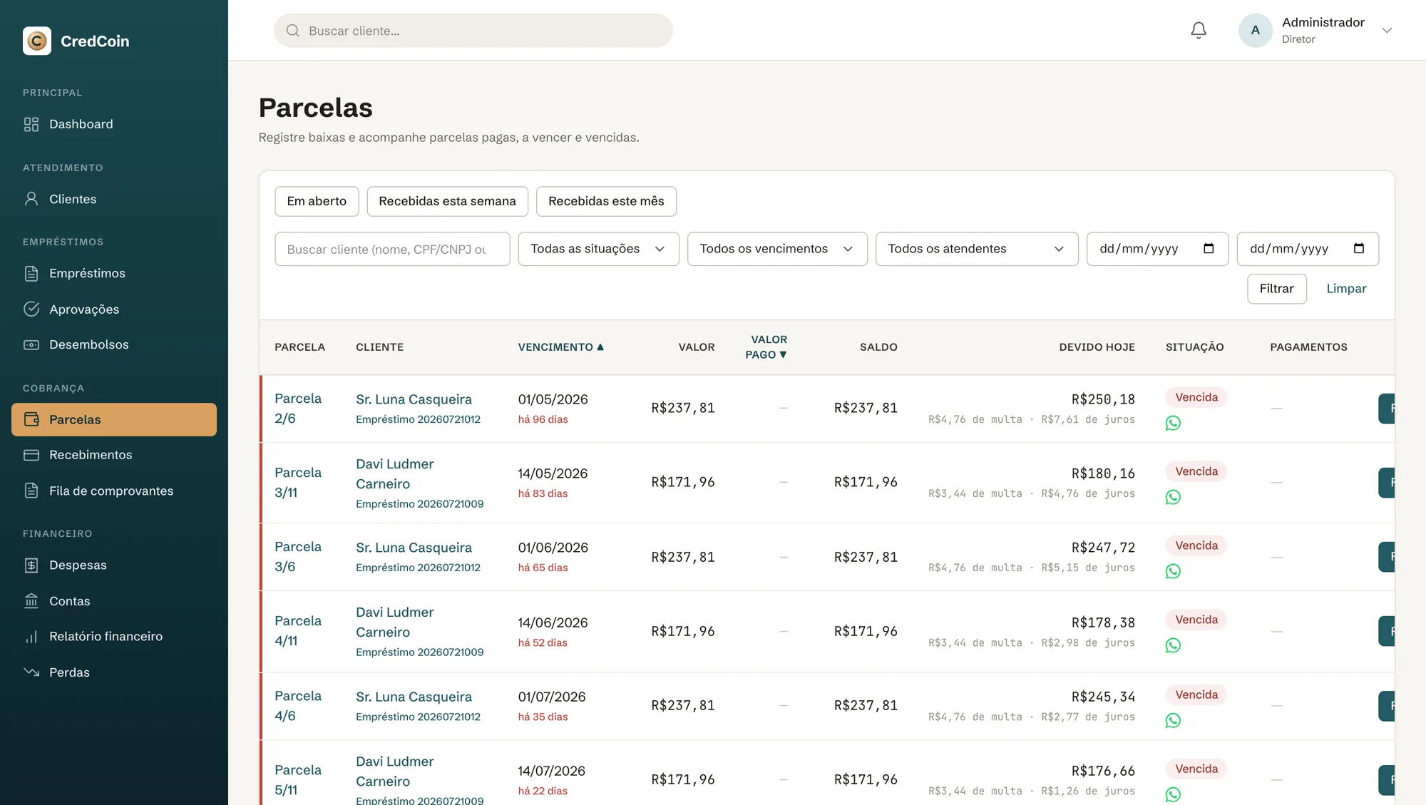 Lista de parcelas com situação, vencimento e ação receber