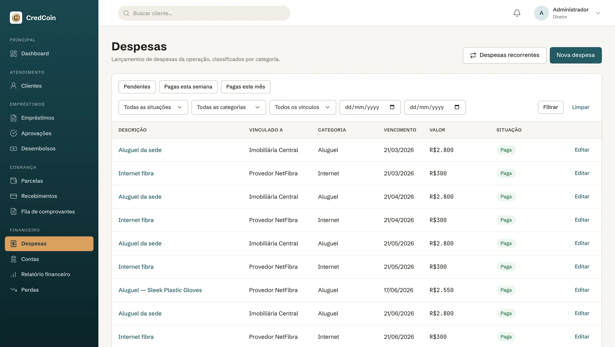 Tela de Despesas com filtros, lançamentos por categoria e as ações Pagar e Editar