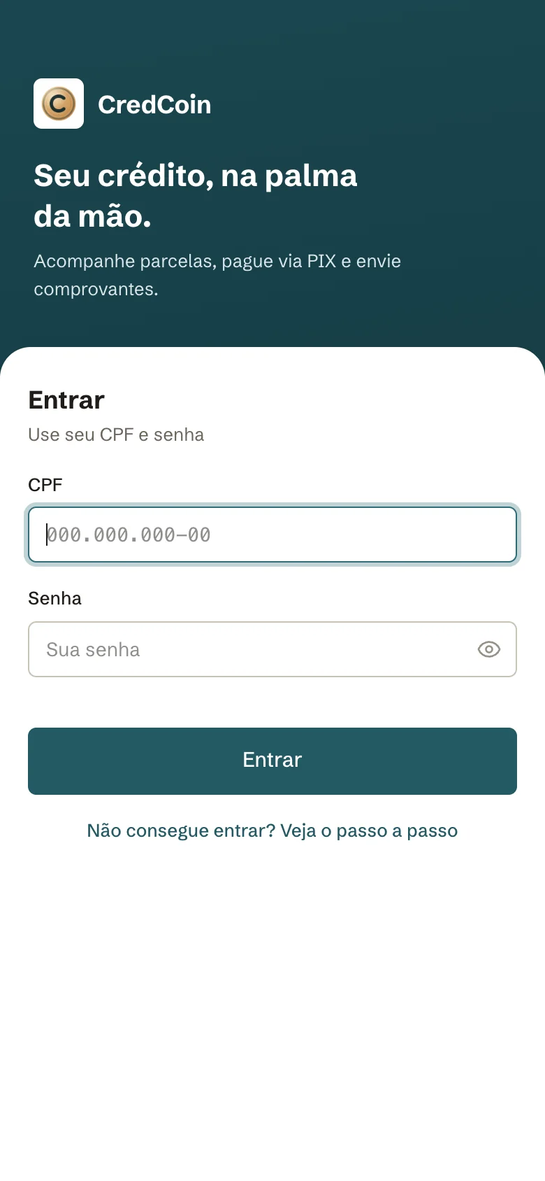 Tela de entrada do portal, com os campos CPF e Senha e o botão Entrar