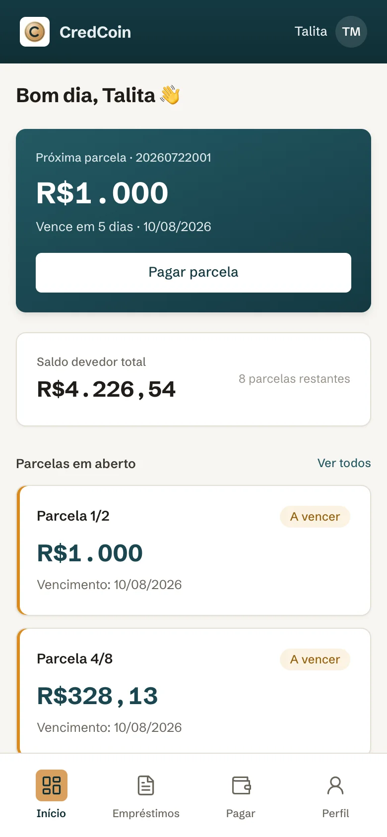 Tela inicial do portal, com a próxima parcela em destaque, o saldo devedor e as parcelas em aberto