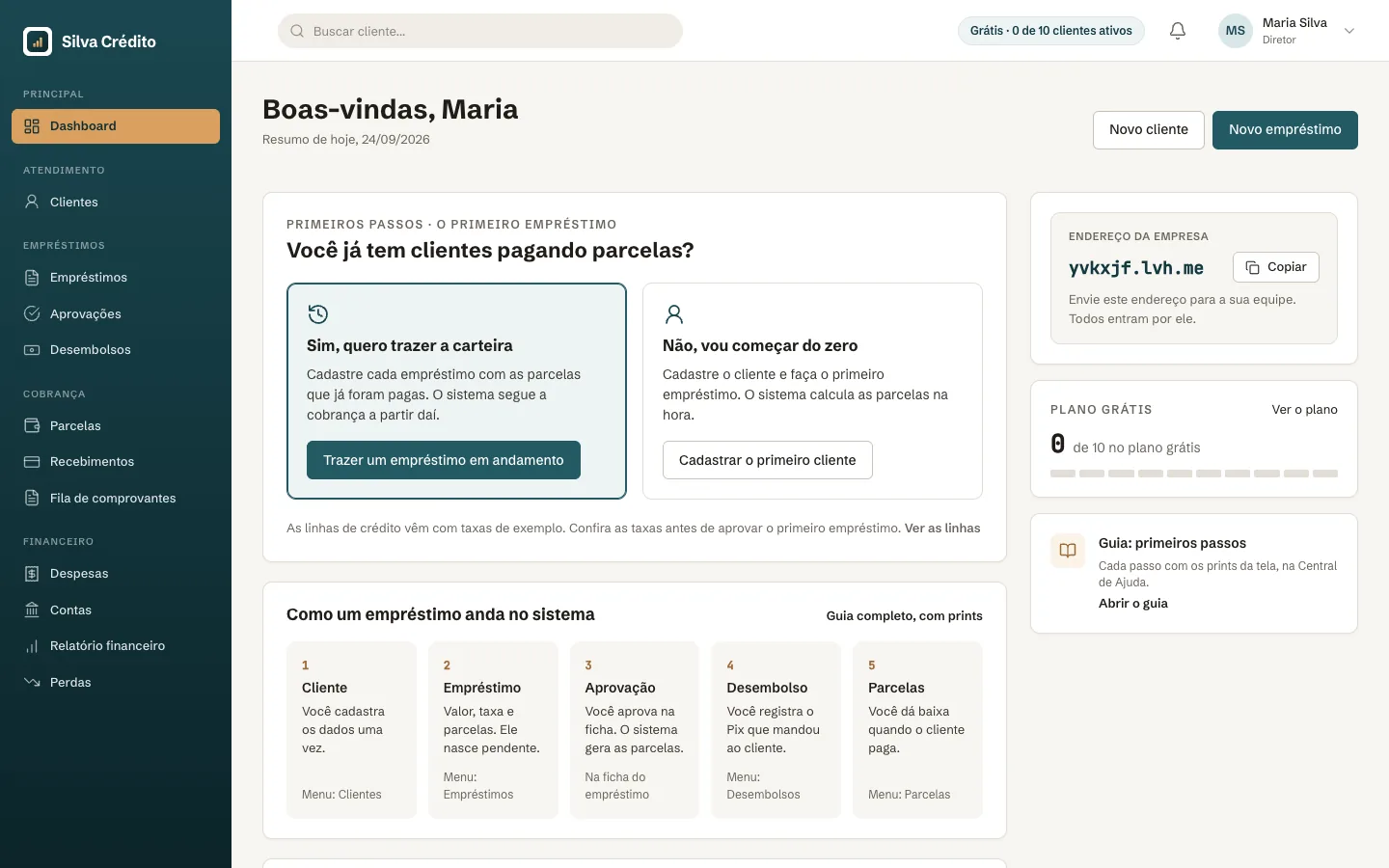 Tela inicial com a pergunta do primeiro empréstimo, o caminho de um empréstimo, o endereço da empresa e o plano grátis