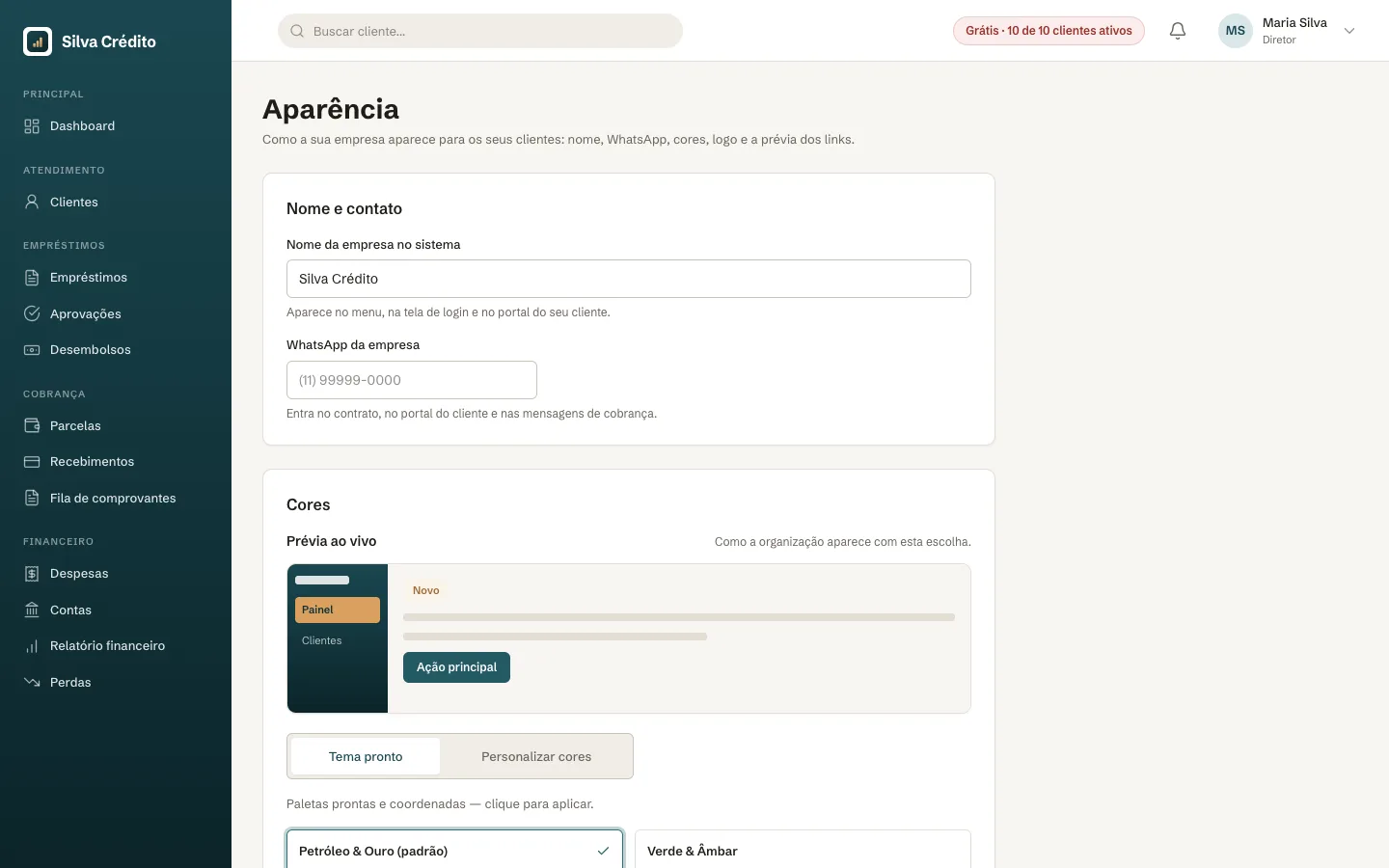 Configurações, Aparência: nome da empresa, WhatsApp e cores