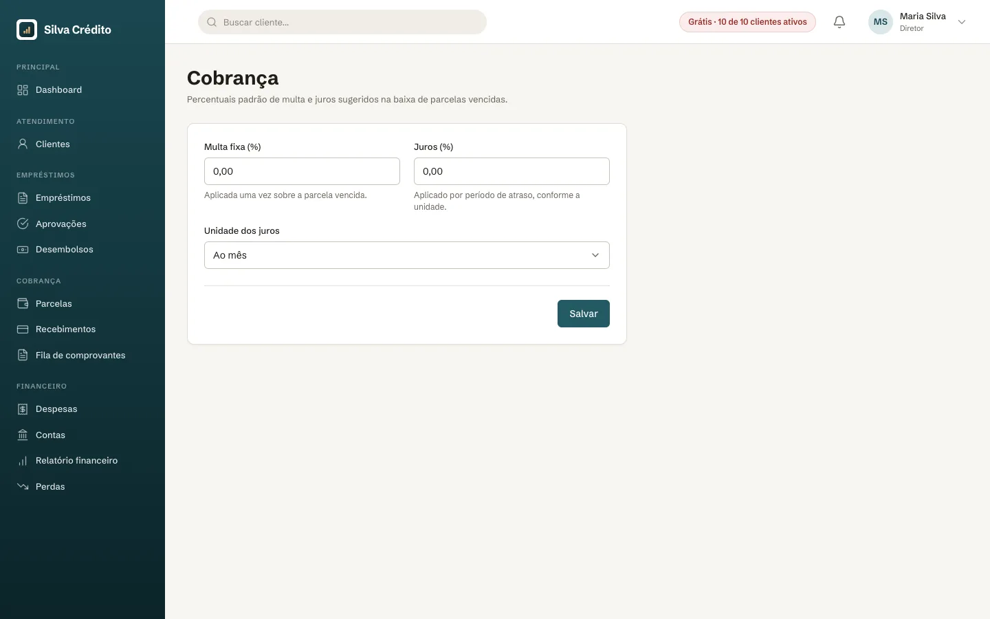 Configurações, Cobrança: multa fixa, juros e unidade dos juros