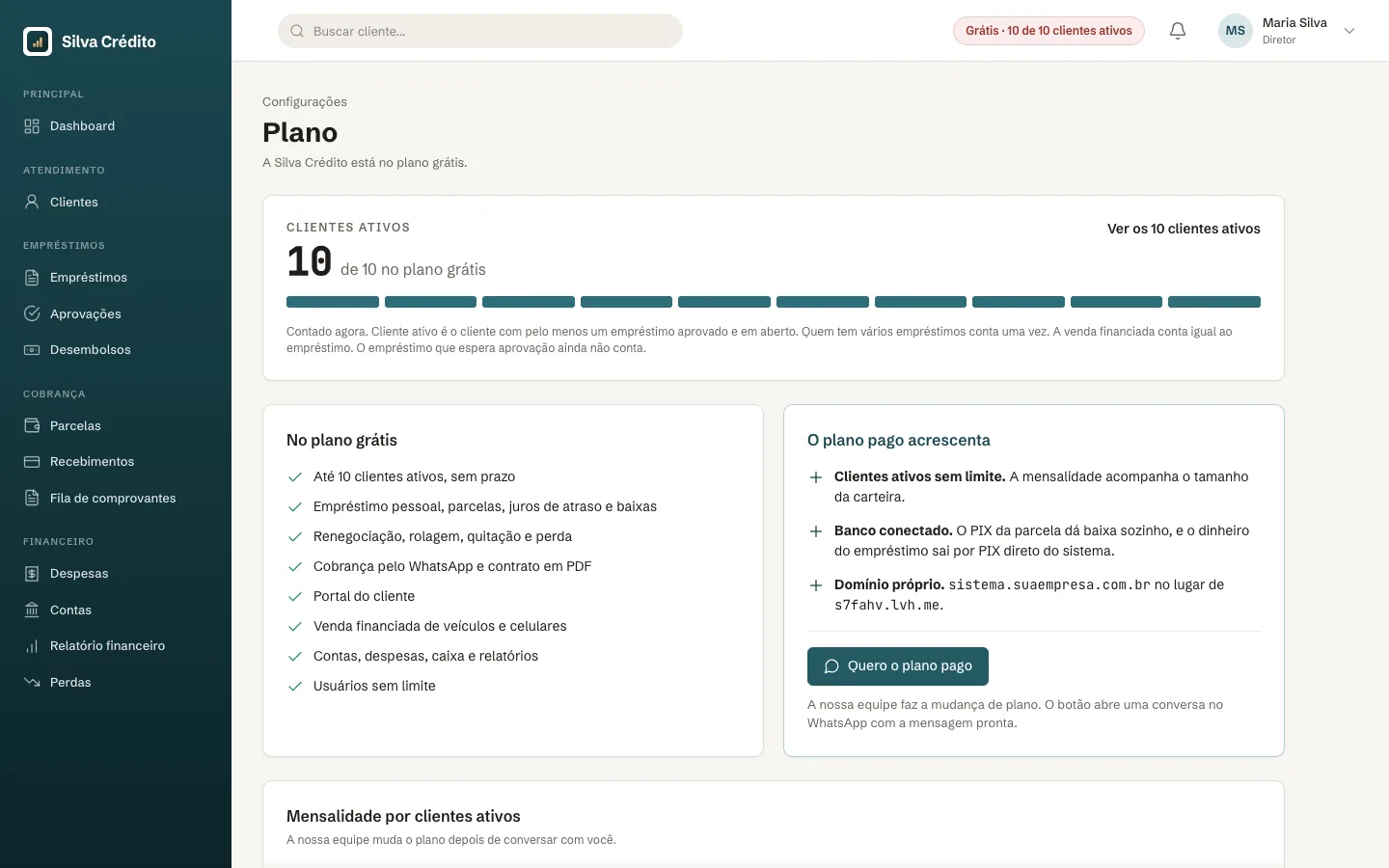Configurações, Plano: clientes ativos, o que o grátis inclui e o que o pago acrescenta